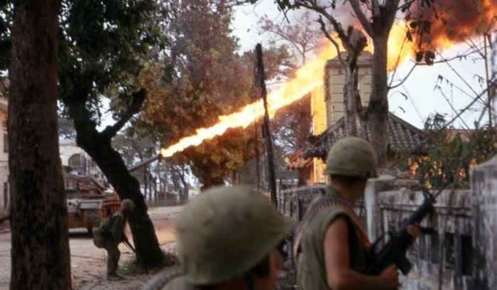 M67 Flamethrower tank with U.S. Marines clearing out a Vietcong positions in Hue during their battle to re-take the city from Communist forces.