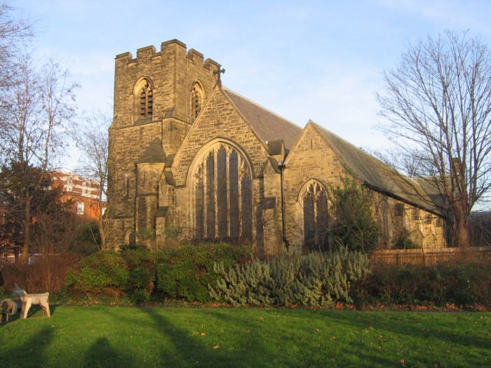 West front of St John the Divine parish church, High Path, Merton, London SW19, seen from Nelson Gardens