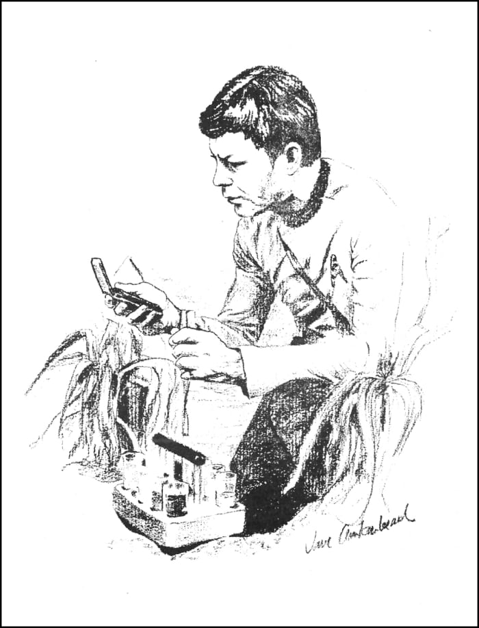 Here is another fan made work of art in the pages of STARDATE the fan produced STAR TREK news magazine in 1976. This shows Dr. McCoy working on a problem.