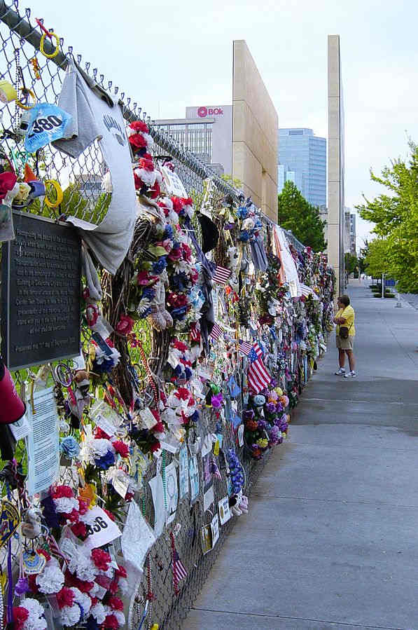 The Memorial Fence and east Gate of Time at the Oklahoma City National Memorial.