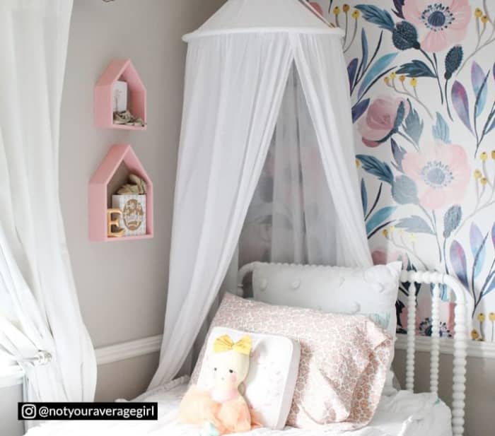 Make her bedroom or playroom into a magical space. The all-white tulle canopy is meant to serve as a backdrop.