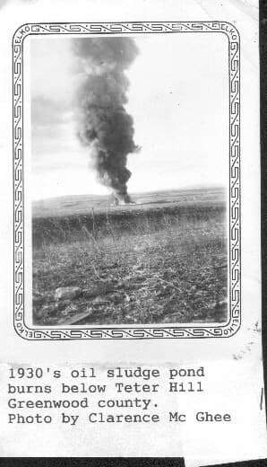 My grandfather's photo of an oil sludge pond burning near Teterville.