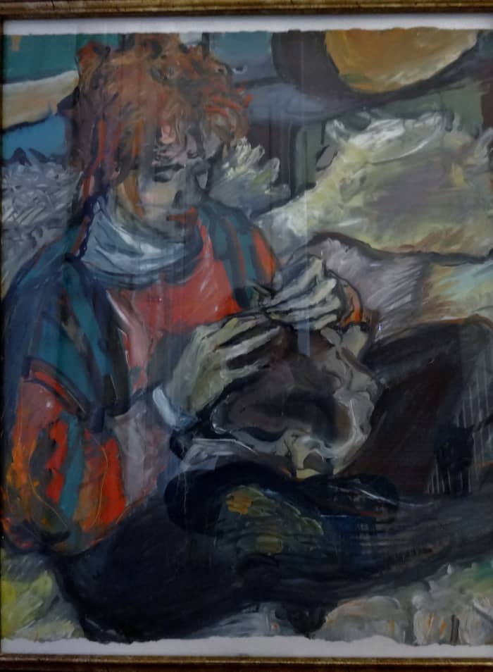 "Reka Knits", Painting by my brother, Tibi Egyed, of me knitting. I'm also wearing another one of my knitted creations.