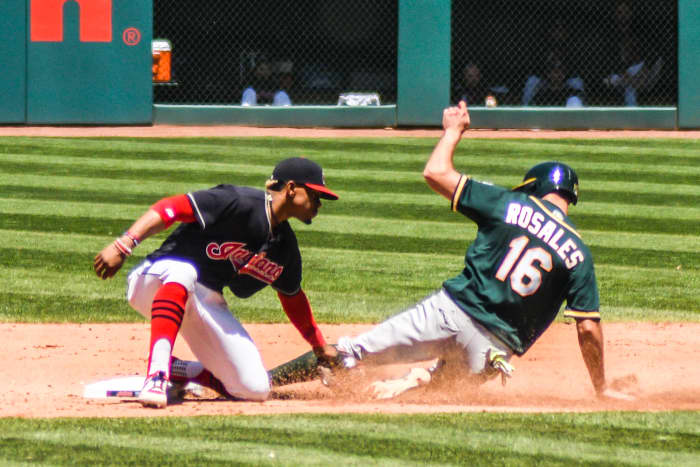 Francisco Lindor puts the tag on Oakland’s Adam Rosales in 2017. Lindor only spent six seasons with the Indians, but he is one of the best shortstops in franchise history.