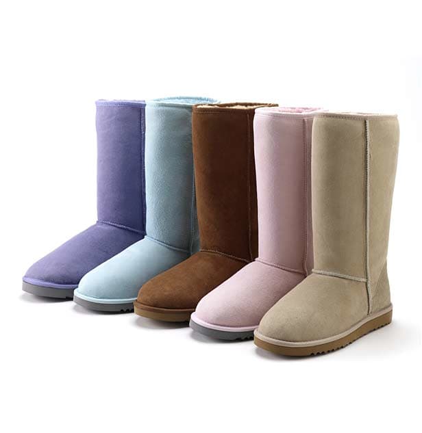 Five different colors of Ugg Sheepskin boots from steel blue to blue to rust to pink to classic tan
