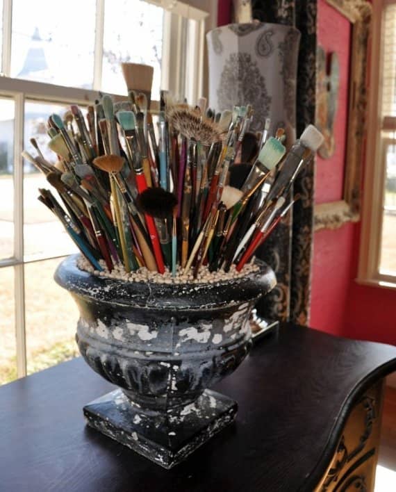 Create a planter paint brush holder. Full the planter part way with dried beans and plant your brushed upright. There are many sizes to choose from