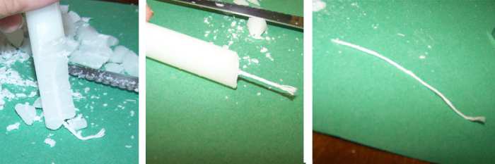 When recycling candles, release the wick. If you're using plain paraffin, chop it or grate it up, and cut the wicks to be about an inch longer than the eggshells.