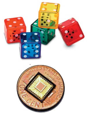 Photo of a GPS chip that is installed in a cell phone (mobile phone) for the purpose of tracking that phone. If your phone has a battery it can be tracked. The dice on there for size comparison.
