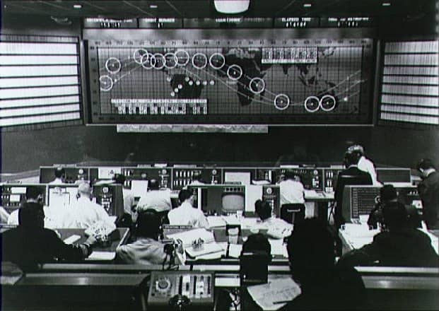 Feb. 20, 1962: At Mission Control, Friendship 7 leaves Eastern Australia on the NASA World Map.
