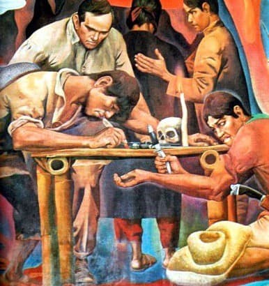 A detail of Carlos Francisco's painting of the Katipunan initiation. Note the human skull on the table.