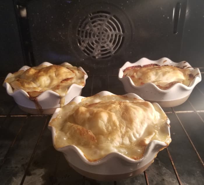 I took the foil from underneath the pot pies for the picture, but remember to cook them on top of the foil so the sauce does not bubble over on your oven. These are a favorite in our family.