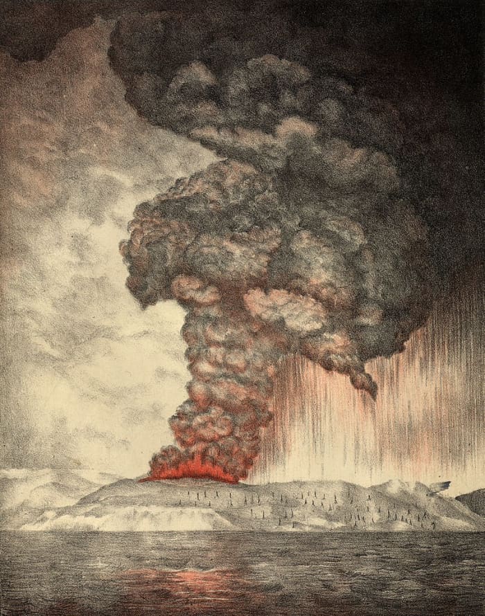 A nineteenth century illustrator depicts the massive 1883 eruption of Krakatoa just off the Indonesian island of Sumatra.