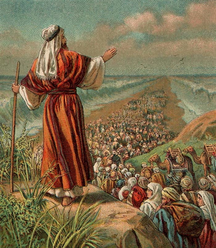The Exodus Of The Jewish Slaves From Egypt. The Red Sea Miraculously Parted To Allow Their Safe Passage While Drowning The Egyptian Soldiers Pursuing Them