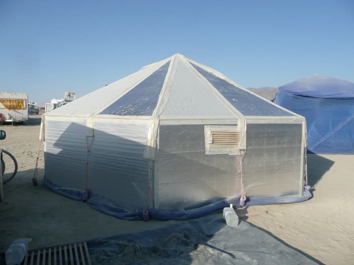 Instead of tents or vehicles, some people build hexayurts for the playa. There are plans available online.