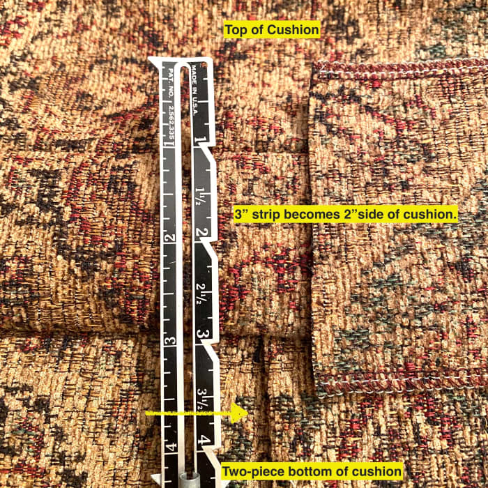 Here is the top, bottom, and the 3" strip that has become the 2" sidewall of the cushion. You can detect the sham style hemmed opening on the bottom piece.