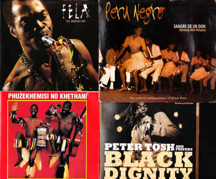 (1) Ransome Fela Kuti (2) Local Peru Africans in a a traditional Afro-Peruvian Dance (3) Phuzekhemisi - the South African South African Singer (4) Peter Tosh's Recordings