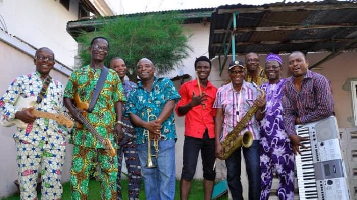 Members of the Orchestre Polyrythmo de Cotonou pose, on January 27, 2014 in Cotonou, Benin