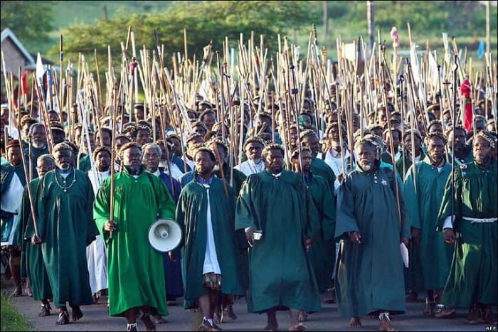 The members of the African church of Shembe, in South Africa. Note their walking barefooted and all the elders in the front rows
