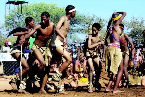 Xanikhwe dancers from the Central Kalahari going through their paces at the Kuru San Festival at D'Kar, South(West) Africa