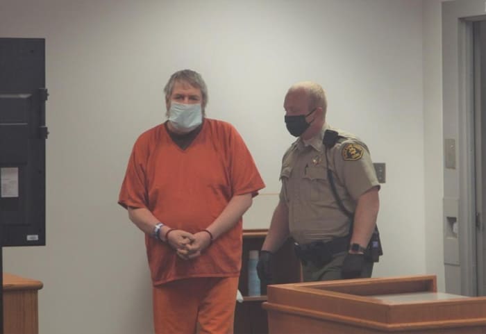 Clark Perry Baldwin appears in court on May 2020 in Black Hawk County Jail in Iowa. Photo courtesy of the WCF Courier.