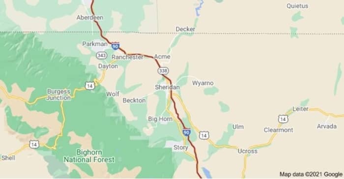 Sheridan County Jane Doe was found 400 miles away from where Bitter Creek Betty was found in Wyoming. Photo courtesy of Google Maps.