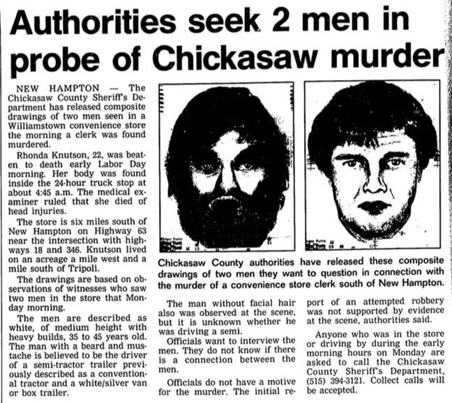 Two composites of suspects were released and mailed to 1,500 truck stops in an effort to identify the murderer of Rhonda Knutson. Photo courtesy of Iowa Cold Cases.