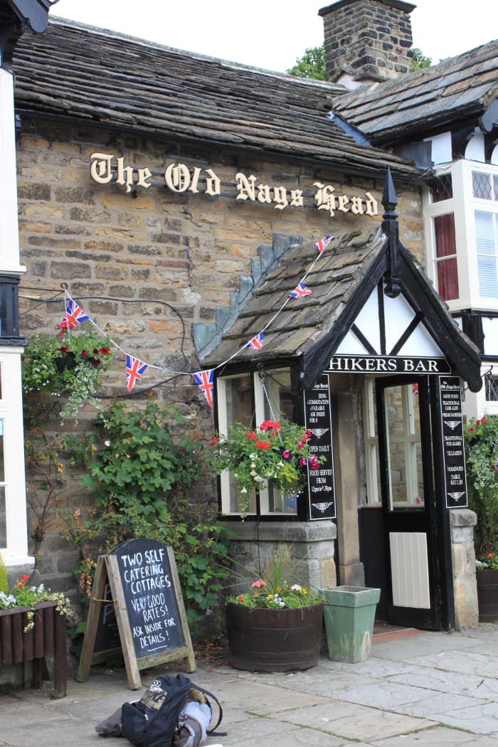 The start of the walk up Kinder Scout from Edale—The Old Nags Head, Edale Hikers Bar. Follow the public footpath up the lane to the left of the pub.