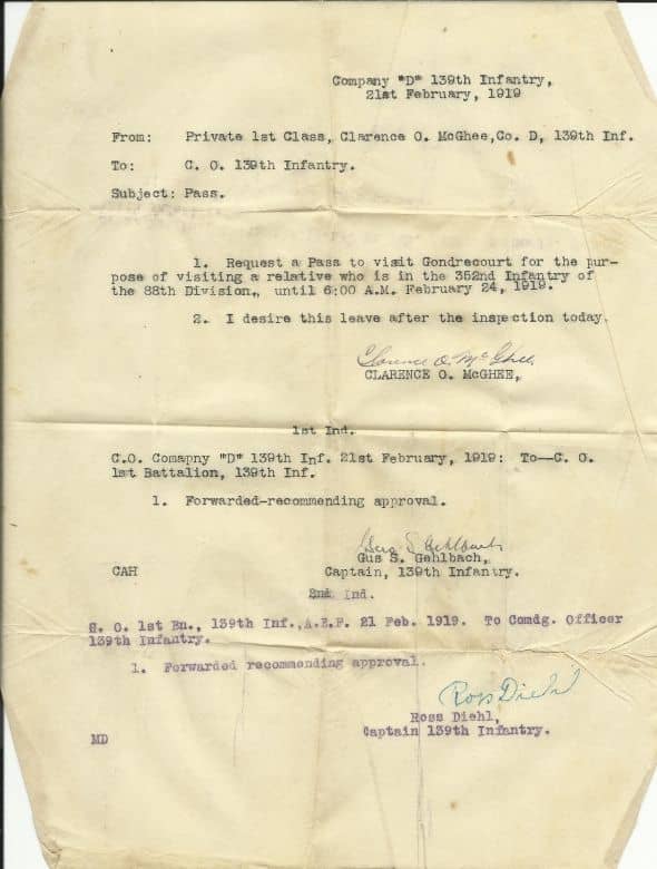 My grandfather's request for a 3-day pass. Now he seems to be in Company D, 139th Infantry. (all photos owned by my mother, Gail Lee Martin and are not for reproduction)