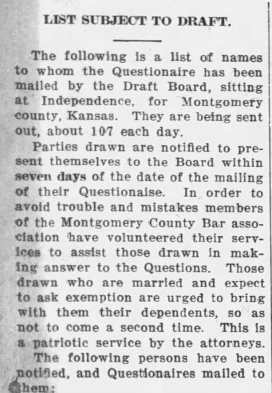 This clipping is from the South Kansas Tribune, 09 Jan 1918, Wed, Page 1. A long list of names, including my grandfather's, followed the instructions. It's interesting that it tells married men to bring their wife in requesting exemption.