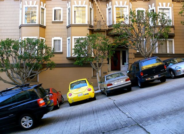 Some of the streets are so steep, you must park this way instead of parallel.