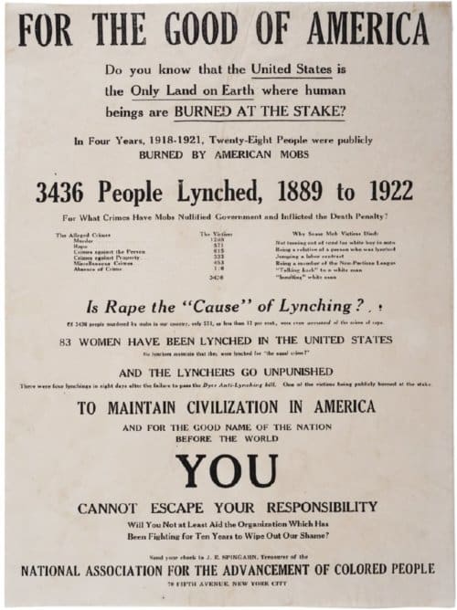 NAACP Anti-Lynching poster. By 1922, the NAACP was itself trying to dispel the myth that false rape accusations were the cause of lynchings.