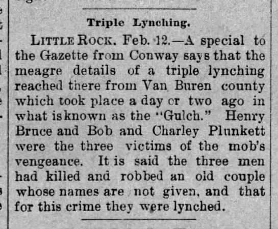 Newspaper clipping of TRIPLE LYNCHING of Henry Bruce, and Bob and Charley Plunkett. Bob and Charley were not included in Wells' Record.