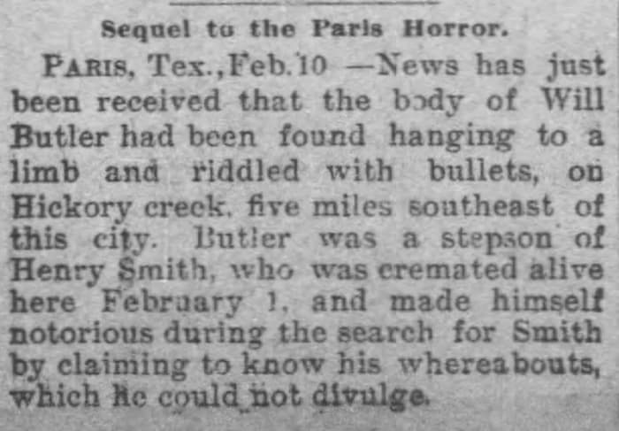 Newspaper clipping regarding the lynching of William Butler entitled "Sequel to the Paris Horror."