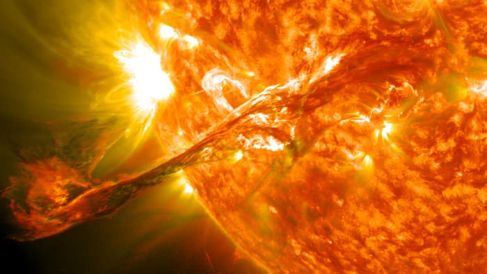 On August 31, 2012, a long eruption of solar material that had been hovering in the Sun's atmosphere, the corona, pushed out into space . The flare caused auroras to be seen around the world in the Earth's sky after darkness.