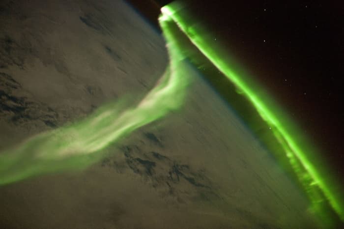 Aurora during a geomagnetic storm that was most likely caused by a coronal mass ejection from the Sun on May 24, 2010, taken from the International Space Station.