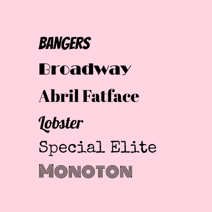 Here are some examples of Display/Decorative typefaces (the typefaces in the photo are in the same size and style regular).