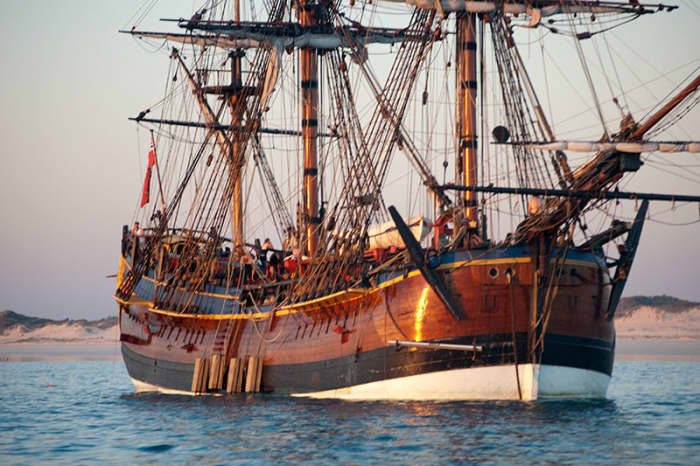 Full size 'Endeavour' replica rests, moored off Cable Beach, Western Australia