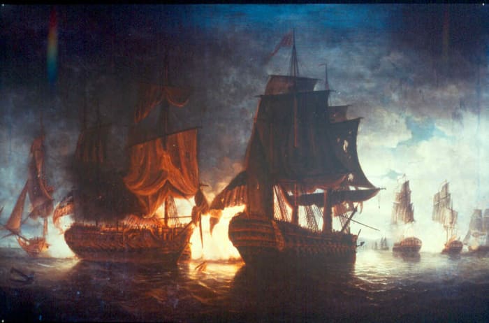 The Battle of Flamborough Head, painting by William Elliott of the engagement between John Paul Jones' ships and the Royal Navy, September 23rd, 1779