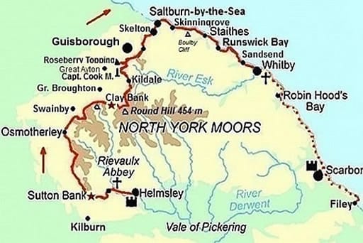 Map of well-known Cleveland Way shows where James would have joined near Ayton to walk to Staithes in 1745. He was apprenticed to local shopkeeper John Sanderson. A desire to go to sea engendered in him, from talking to fishermen and seafarers
