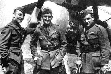 Eddie Rickenbacker, Douglas Campbell, and Kenneth Marr of the 94th Aero Squadron pose next to a Nieuport 28 fighter, 1918.