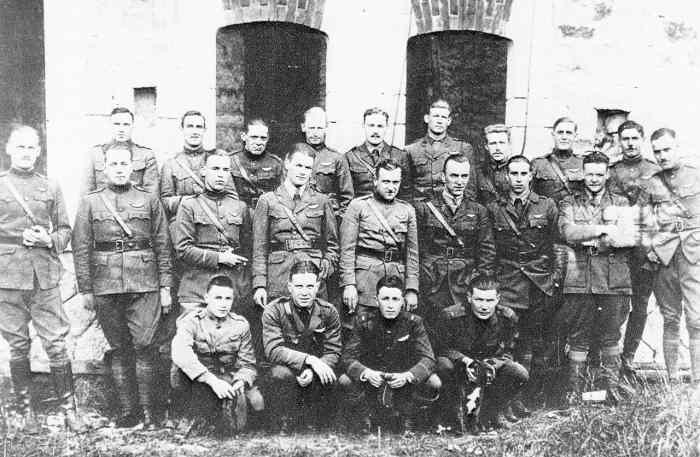 94th Aero Squadron, Rembercourt Aerodrome, France, November 1918. Rickenbacker stands in the middle center of this photograph.