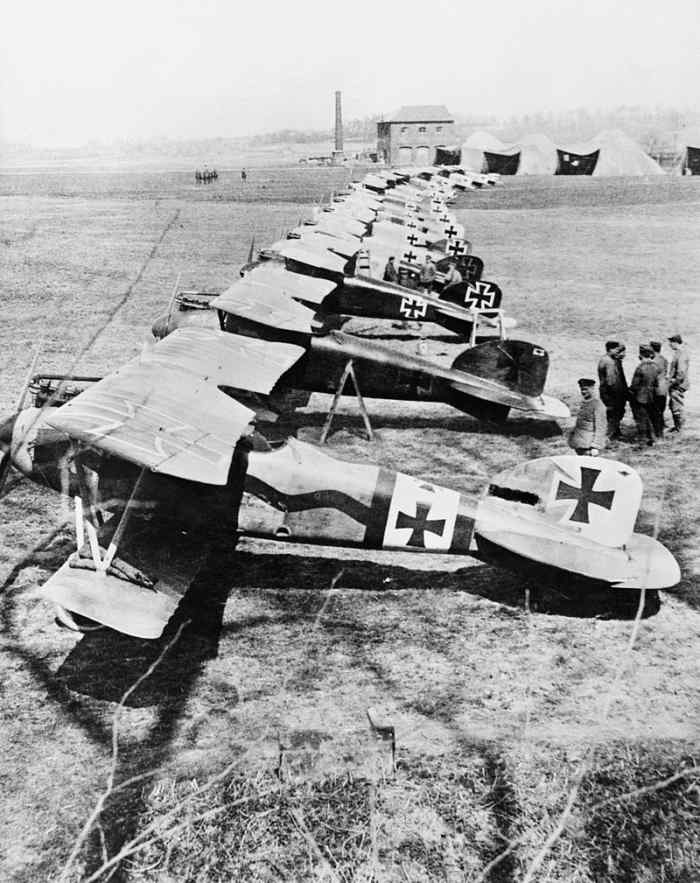 Albatros D.III fighters of Jasta 11 at Douai, France. The second closest aircraft was one of several flown by Manfred von Richthofen known as the "Red Baron" leading Ace of the First World War with eighty combat victories.