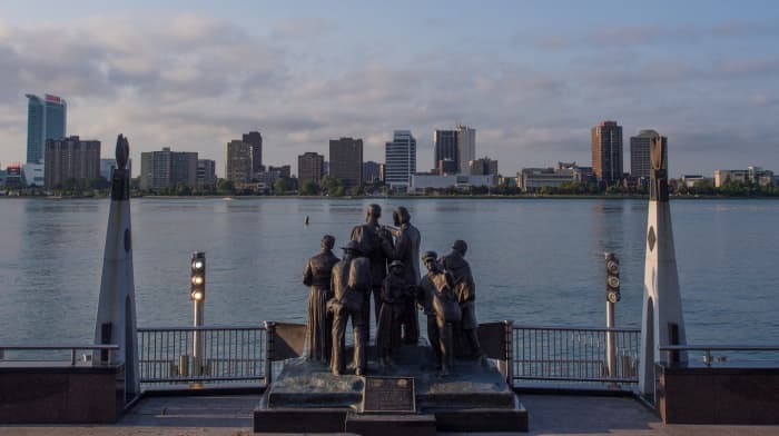 The "Gateway to Freedom" statue on the Detroit River points to way to freedom in Canada for those escaping slavery.