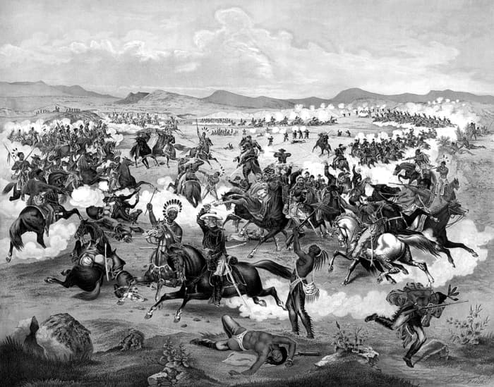 General Custer on horseback with his U.S. Army troops in battle with Lakota Sioux, Crow, Northern, and Cheyenne, on the Little Bighorn Battlefield, June 25, 1876.