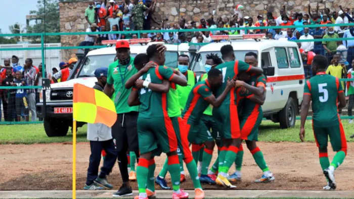 Comoran players celebrate inside Stade Omnisports de Malouzini during a 2021 Africa Cup of Nations qualifier against Kenya on Nov. 15, 2020. Comoros qualified for the 2021 Africa Cup of Nations four months later.