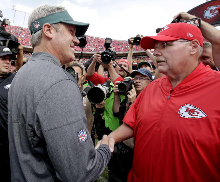 Philadelphia Eagles head coach Doug Pederson and Kansas City Chiefs head coach Andy Reid after the Chiefs' Week 2 win