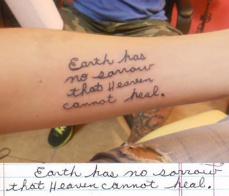 A quote from my grandmother's journal, written while she was fighting a losing battle with breast cancer. The tattoo is in her handwriting.