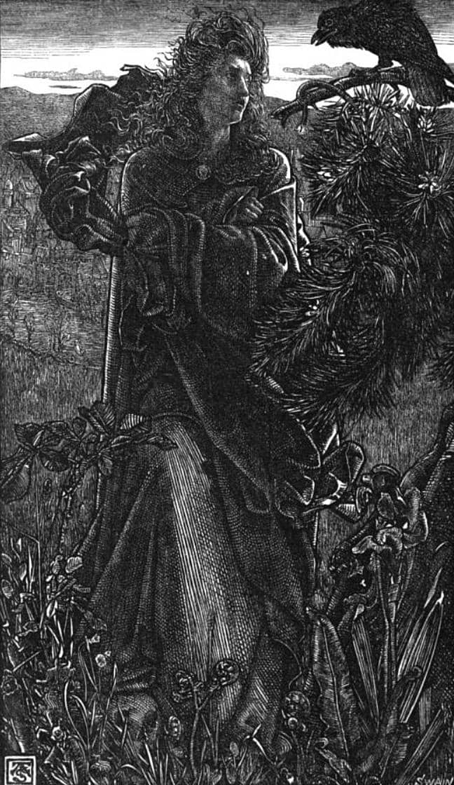 Illustration du 19e siècle du poème vieux norrois Hrafnsmál ("chant du corbeau") par Frederick Sandys."raven song") by Frederick Sandys.