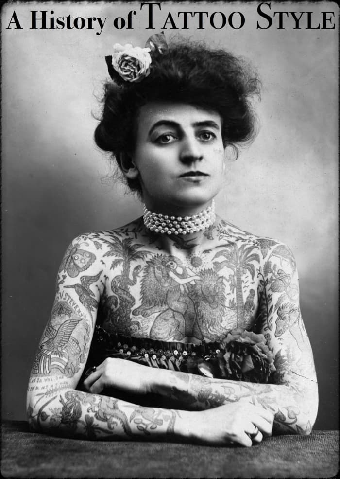 Mrs. Maud Stevens Wagner, photographed in 1907. Wagner was a contortionist who worked with several circuses and learned how to make traditional "hand-poke" tattoos.