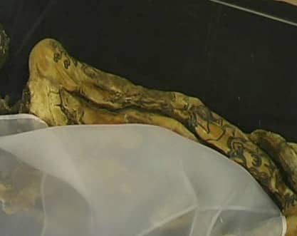 A 2,500 year old female mummy, called the Princess of the Altai, with visible tattoos on both arms and all fingers. The mummy was found in 1993 on a remote Siberian plateau.